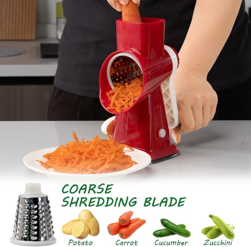 Maxceysen 3 in 1 Manual Vegetable Cutter Machine with Stainless Steel Changeable Blades Rotary Cheese Grater Kitchen Tool Potato Slicer Shredder Nuts Chocolate Chopper (Red white) - Image 3